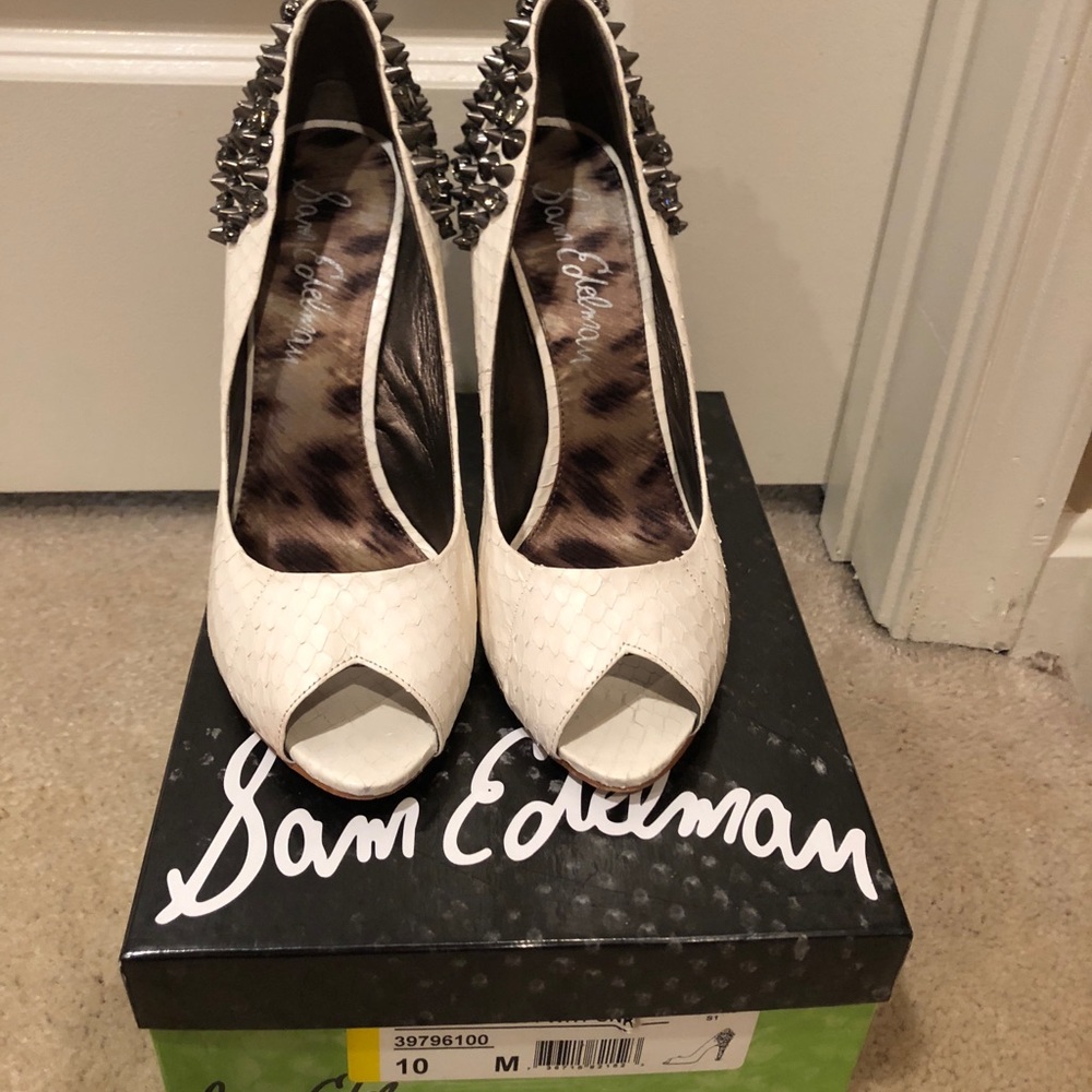 White open toe heels